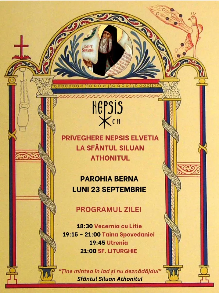 Afișul privegherii Nepsis Elveția la Sfântul Siluan Athonitul, cu programul slujbei